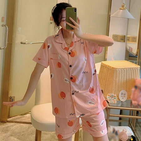 

Hazel Tech Summer Short-sleeved Shorts Pajamas Women Cardigan Lapel Milk Silk Cute Cartoon Girl Large Size Home Service Suit Lattice Loose Pajamas Sleep Pants Two-piece Breasted