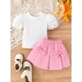 thumbnail image 2 of FEORJGP Little Girls Summer Outfits 6M 1T 2T 3T 4T Toddler Infant Round Neck T-shirt Puff Sleeve Shirt Ribbed Tops + Elastic Waist 3D Bow Mini Skirt Set Kids Fashion Casual Cute Clothes, 2 of 9