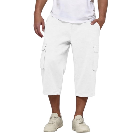 Sewkxo Mens' Cargo Pants Plus Size Elastic Waist Drawstring Straight Leg 3/4 Length Sweatpants Summer Casual Baggy Cargo Trouser with Multi Pocket,White XL