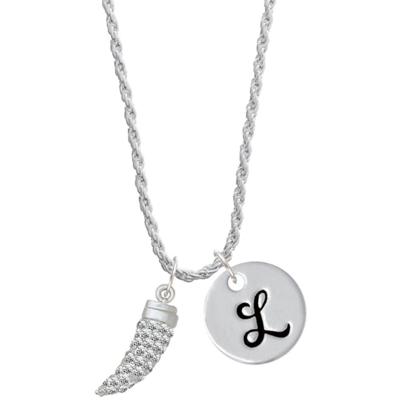 Delight Jewelry Silvertone Large Crystal Sabre Tooth Silvertone Script Initial Disc - L - Charm Necklace, 20"+3"
