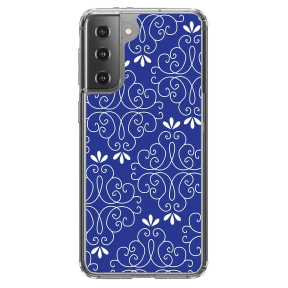 DistinctInk Clear Shockproof Hybrid Case for Galaxy S21  PLUS 5G (6.7" Screen) - TPU Bumper, Acrylic Back, Tempered Glass Screen Protector - Dark Blue White Floral