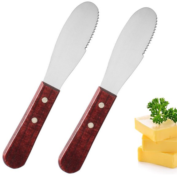 Bxaolu Pack of 2 Stainless Steel Butter Spreader Knife with Wooden Handle, Wide Stainless Steel Spreader Kitchen Knives for Sandwiches Butter Cheese