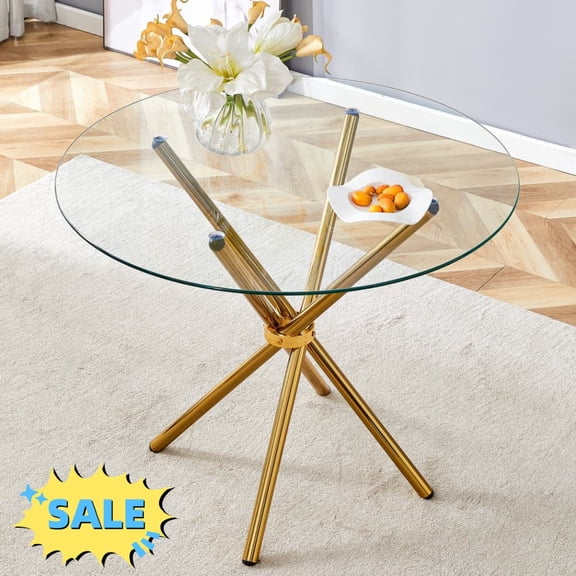 Tcbosik Round Tempered Glass Dining Table for 2-4 Person, 36.6 inch Small Kitchen Table with Metal Legs for Living Room, Gold