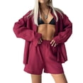 thumbnail image 2 of Women'S Cotton Cardigan Long Sleeve Top and Shorts Set Minimalist Solid Color Loungewear Outfit Wine Red M, 2 of 8