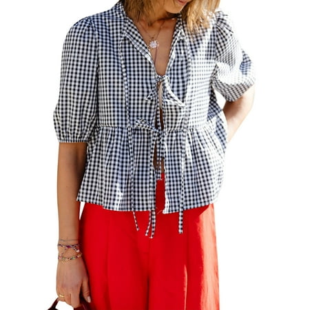 Women Plaid Bow Tie Lace Up Front Shirt Top Puff Sleeve Y2K Peplum Ruffle Babydoll Blouse