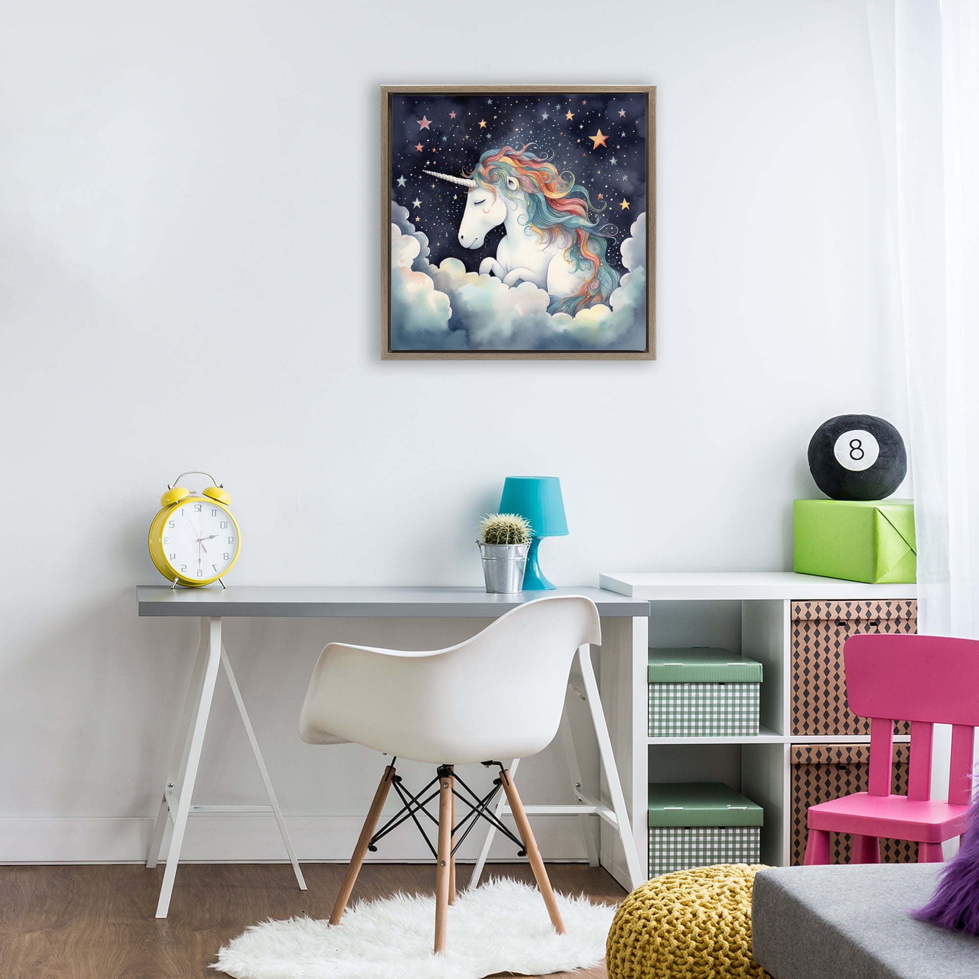 Stupell Industries Sleepy Unicorn in Starlit Clouds Brown Framed Floater Canvas Wall Art, design by Creative Studio