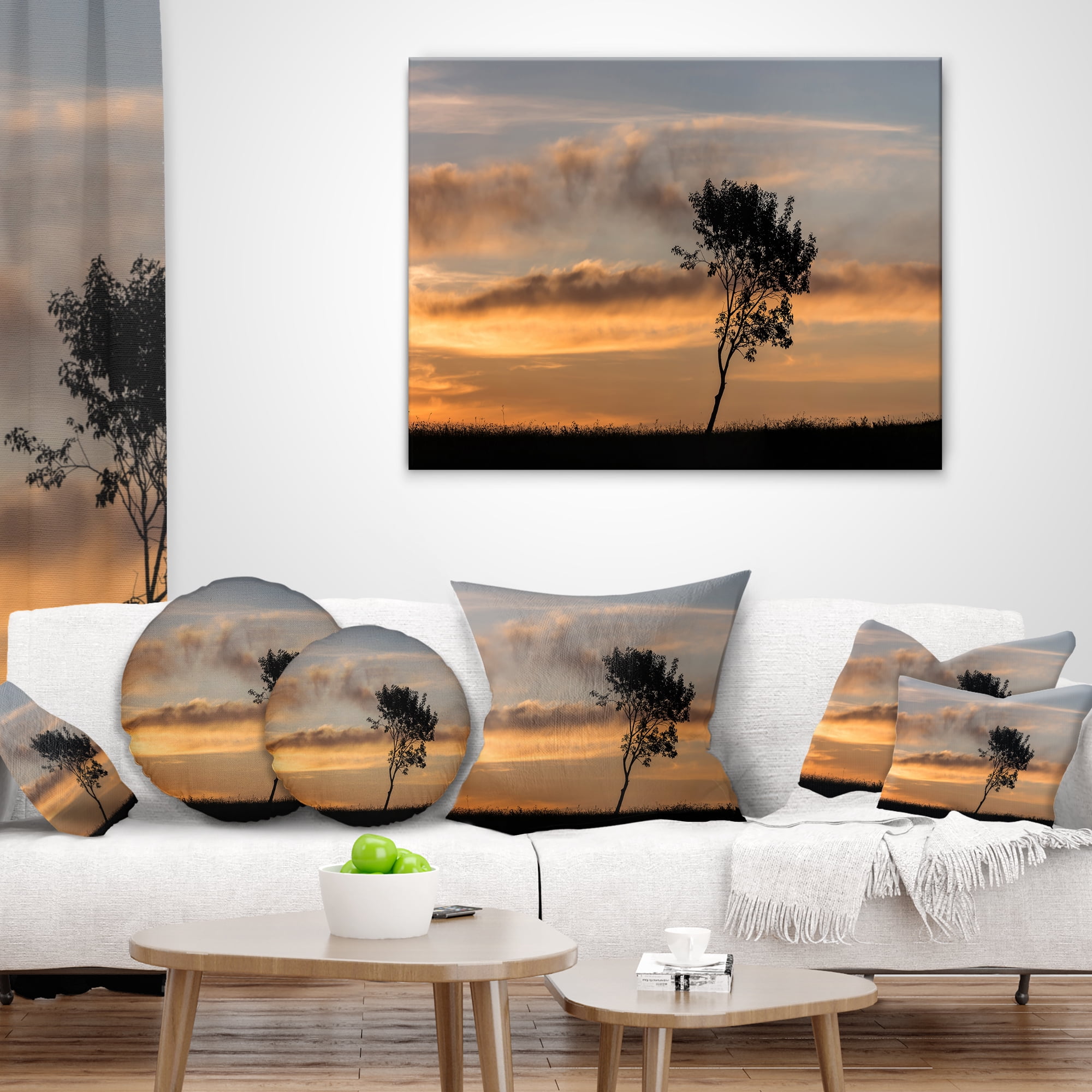 Designart Lonely Tree Silhouette Rightwards - Landscape Printed Throw Pillow - 16x16