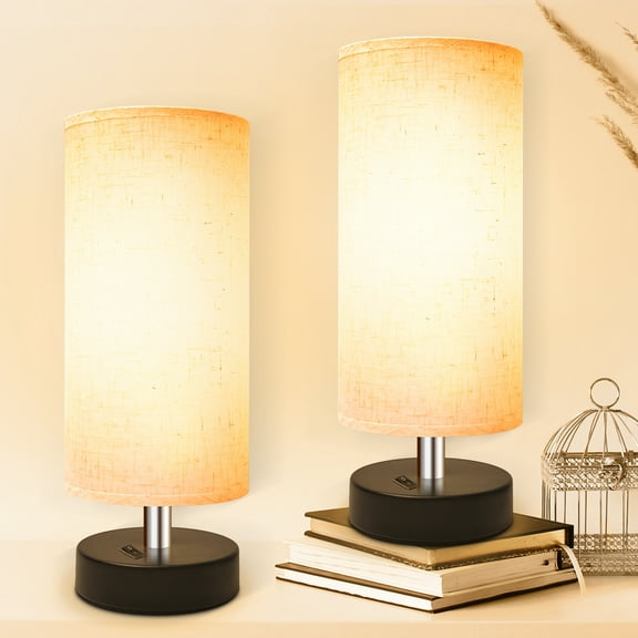 DEGNJU Bedside Table Lamps 2 Pack, Small Nightstand Lamps with Flaxen Shade, 11.4" Mini Desk Lamps for Bedroom, Dorm, Office, Minimalist Design