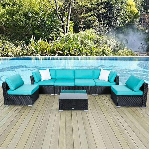 Kinbor 7pcs Outdoor Patio Furniture Sectional Pe Rattan Wicker Rattan Sofa Set With Aqua Cushions Walmart Com Walmart Com