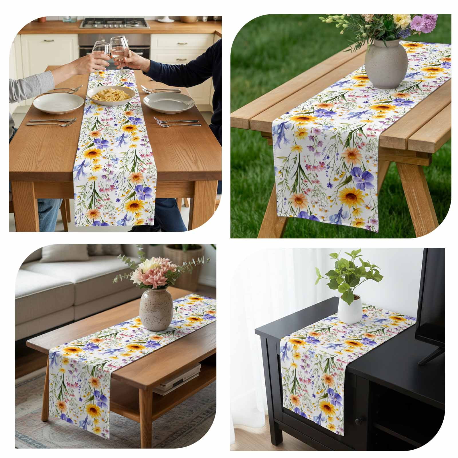 Wildflowers Table Runner 13x120 inch Spring Summer Cotton Linen Dining Table Runner Ideal for Dresser Kitchen Coffee Tables - Machine Washable