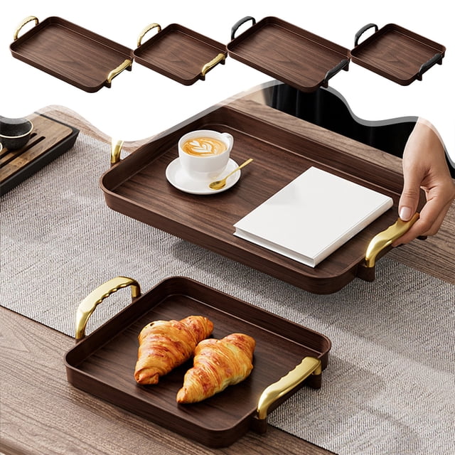 Bandeja Marrón de Pvc con Reposabrazos para Guardar Tazas de Té, Aperitivos y Frutas | 34 X 21 X 2 Cm | Material Apto para Uso Alimentario | Ligera y Fácil de Limpiar | Multiusos | Ideal para El Hoga