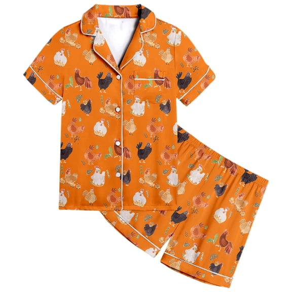 Byoo Little Girls Chicken Graphic Sleepwear Set Short Sleeve Button Down Shirt Nightwear Set Soft Comfy Casual Nightwear Outfits