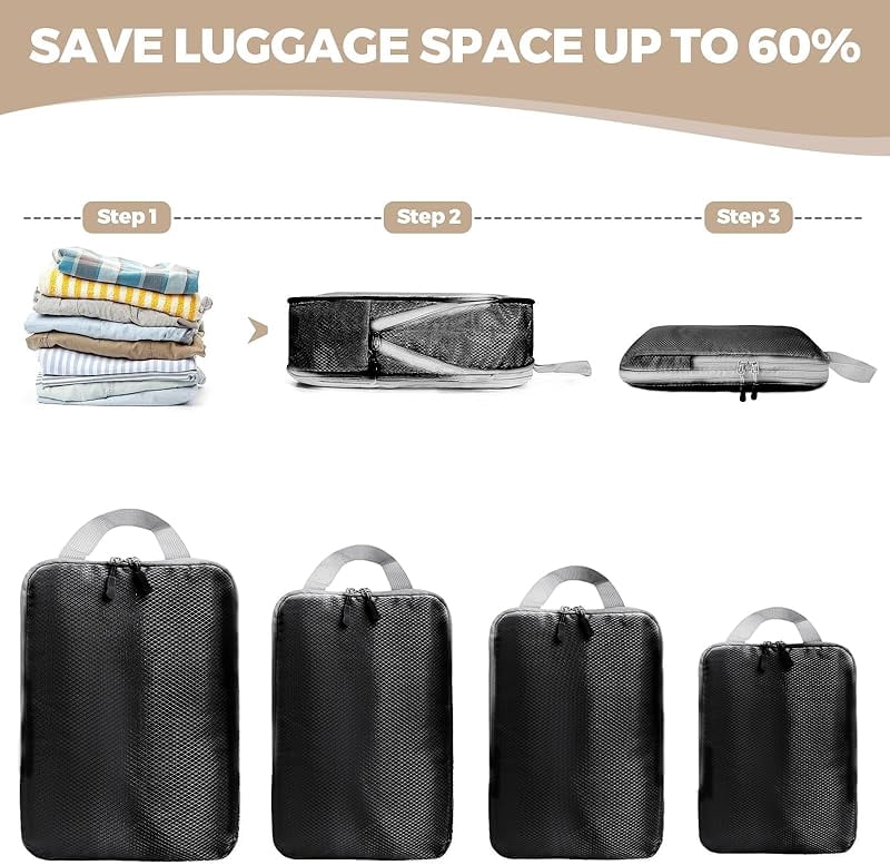 XIHAMA Compression packing cubes - 4 pieces, ultralight suitcase organizer, black