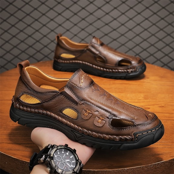 Men Vintage Hand Stitched Closed Toe Leather Sandals Anti Slip Outdoor Walking Casual Shoes