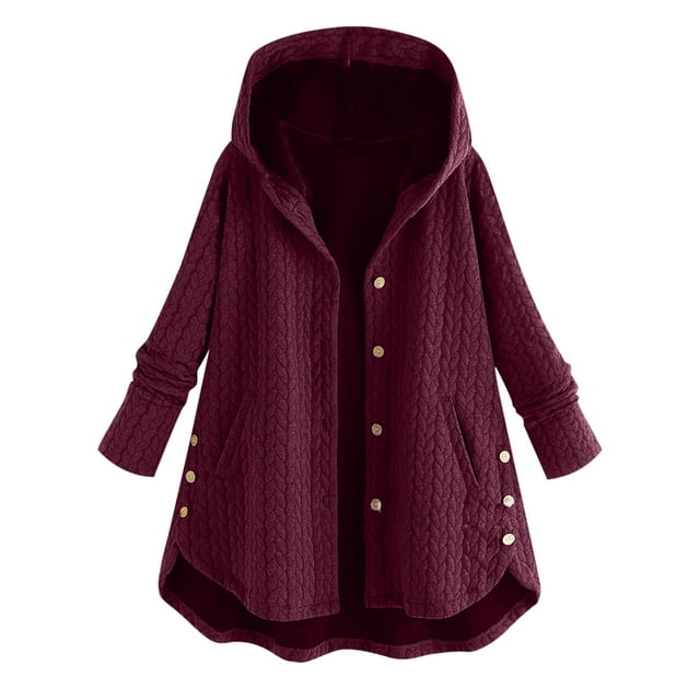 WEIYLL Womens Fleece Jacket Fashion Plus Size Button Pockets High Low Long Sleeve Hooded Wine Fall Clothes Size M