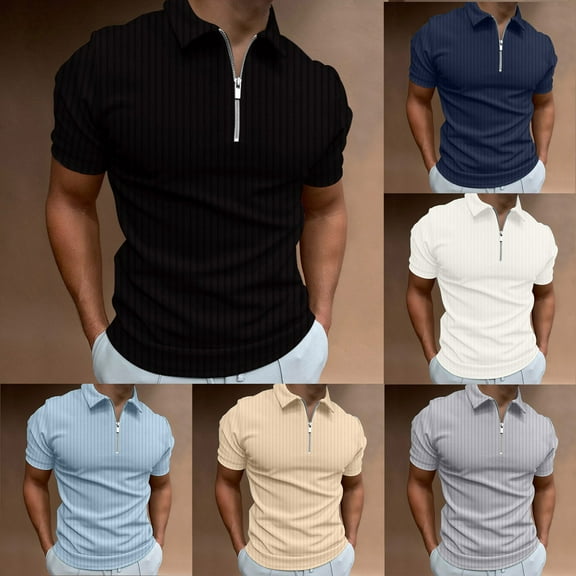 Jinhomg Men's Short Sleeve Polos Shirt Dressy Casual Quarter Zip Business Tops Big and Tall Comfort Ribbed Workout Tee Shirts Daily Wear Seasonal Sale Black XXL