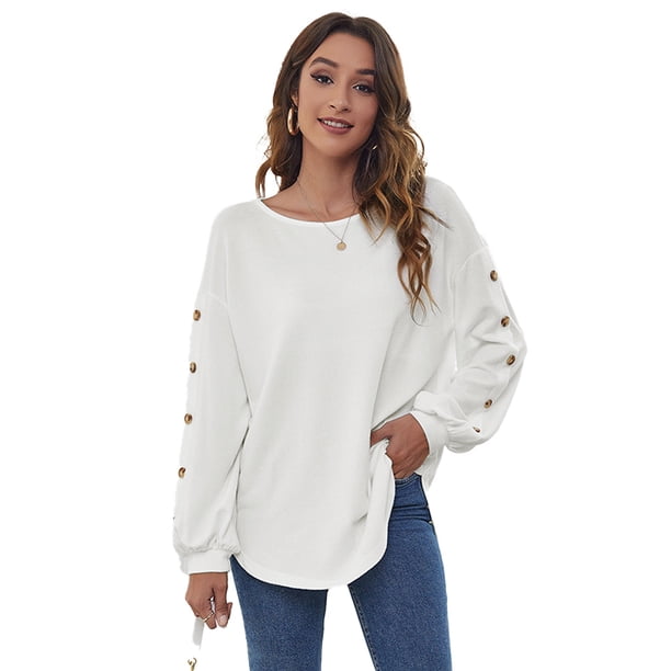 Camisetas de manga larga para mujer, estilo informal, holgadas, de otoño (blanco)