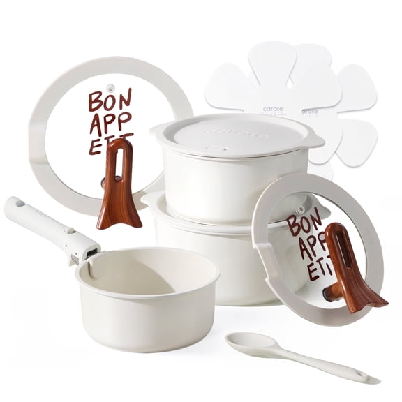 Carote 11 Pcs Ceramic Nonstick Saucepan Set with Lids, Nonstick Pots with Detachable Handle, Oven Safe, Induction Cookware, Stackable Kitchen Set, Cream White