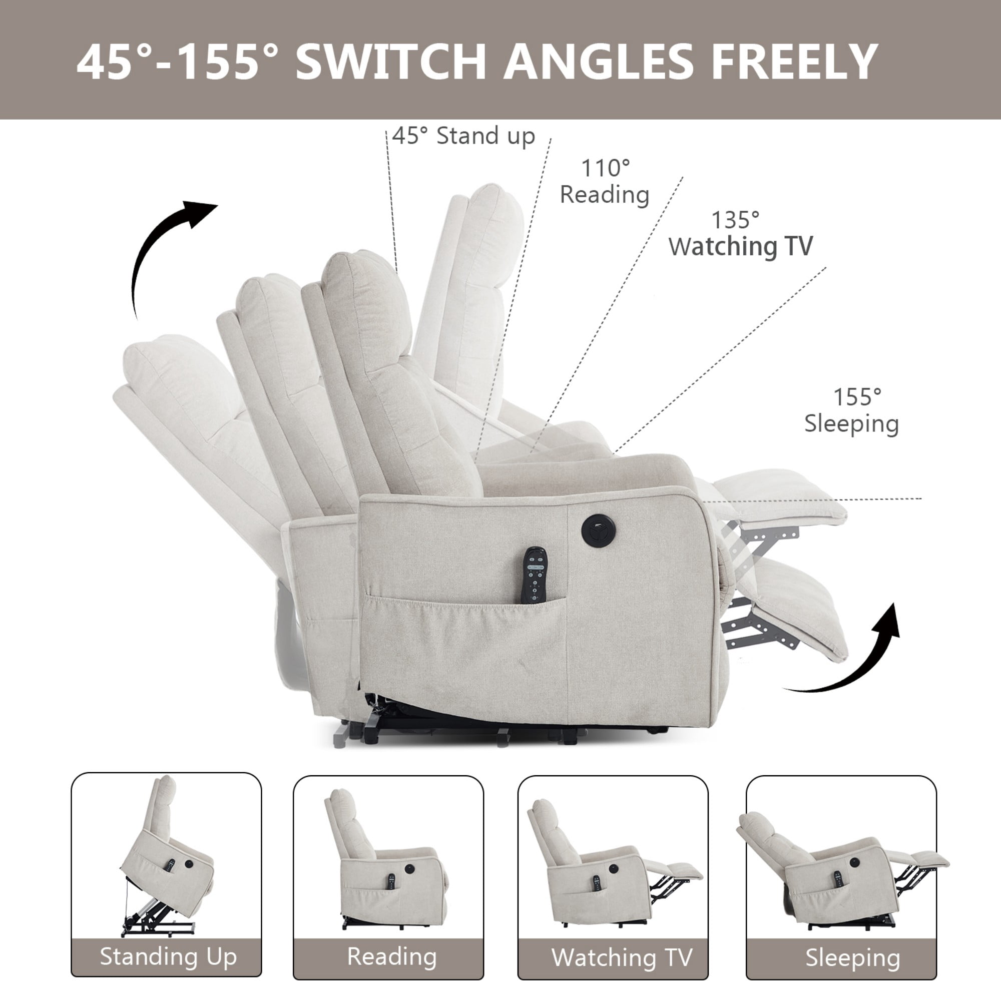 BSHTI Chenille Power Lift Recliner Chair with Vibration Massage, Lumbar Heat, USB Charging for Living Room(Beige)