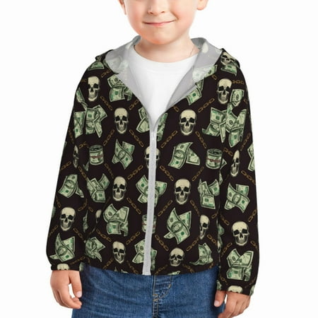 

Lukts Skulls Gold Chains Dollar Print Children s Long-Sleeved Sun Protection Clothing Hooded Sweatshirts for Boys and Girls Outdoor Sports-2 Years