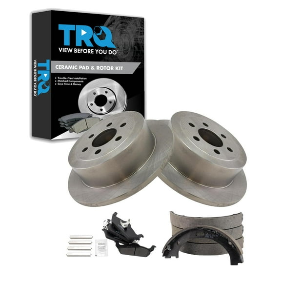 TRQ Rear Brake Pad & Rotor Kit Brake Pads Brake Rotor Parking Brake Shoe Set Ceramic Fits Select 2003-2004 Dodge Dakota