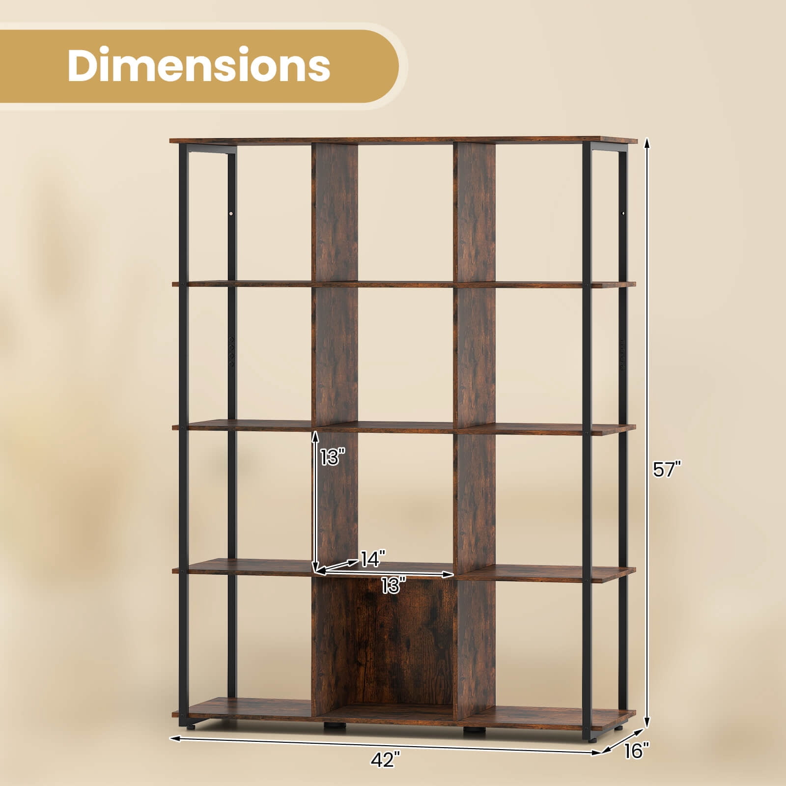 Costway 12-Cube Bookcase 57" Tall Freestanding Bookshelf Industrial Shelf Display Rack