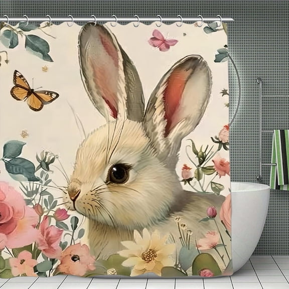 Bunny Flowers Butterfly Print Shower Curtain,Modern Fabric Waterproof Shower Curtain Set with Hooks,70.8×70.8Inch