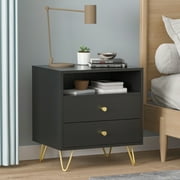 Hitow Nightstand, Bedside Side Table with 2 Drawers and Open Shelf for Bedroom Living Room, Black