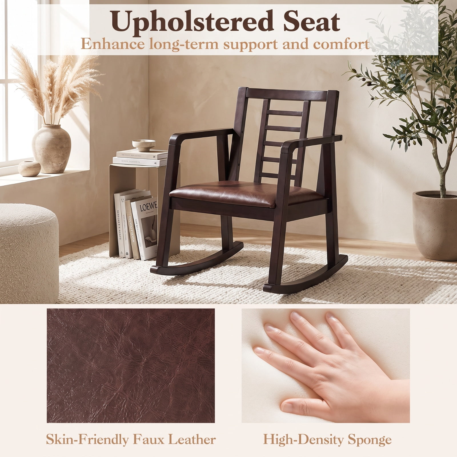 Biotree Wooden Rocking Chair with Upholstered Seat and Ladder Back for Living Room, Brown