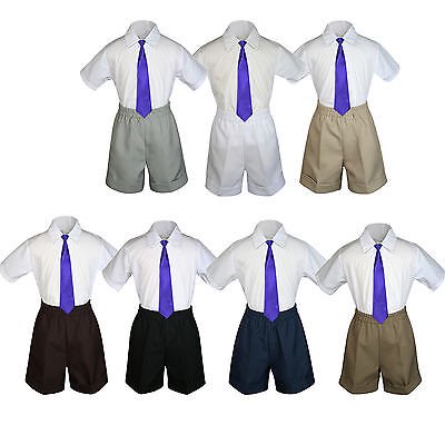 3pc Set BoyToddler Formal Party Purple Necktie White Black Khaki Shorts S-4T