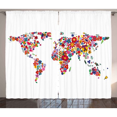 Hippie Curtains 2 Panels Set World Map With Bunch Of Flower