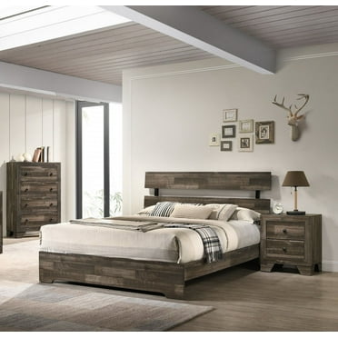 Rustic Brown Finish King Size 3Pc Platform Bed Storage Chest Nightstand Set Bedroom Furniture