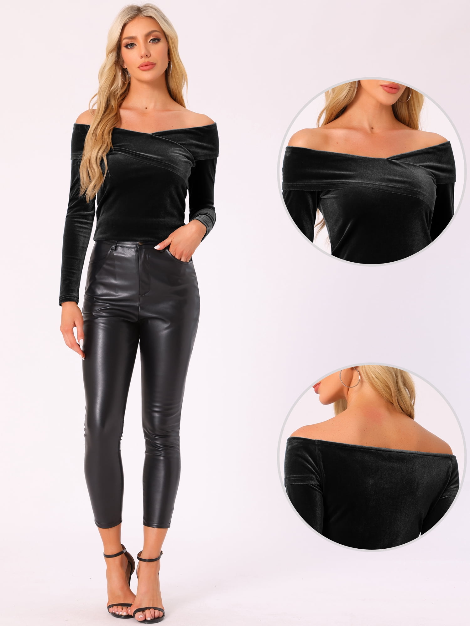 DARING DIVA Velvet Off Shoulder Long Sleeve Tops Dark L Black