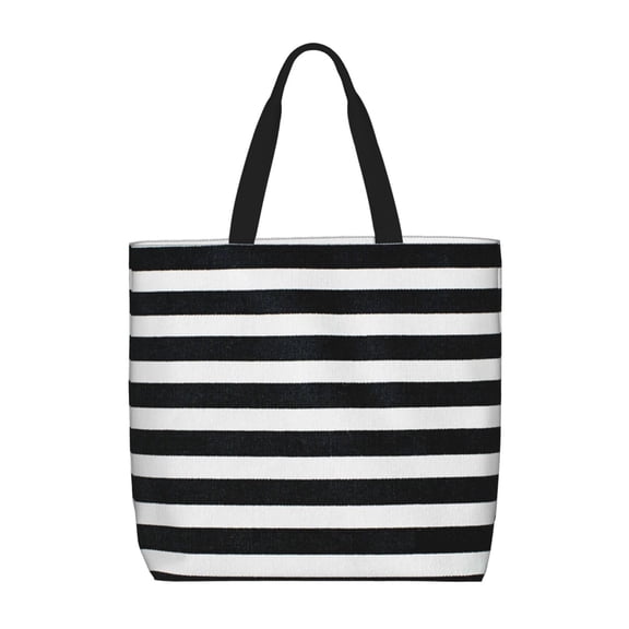 Defioc Black And White Stripes Pattern Tote Bag for Women,Large Capacity Tote Bag with Zipper Casual Shoulder Handbags Shopping Bag