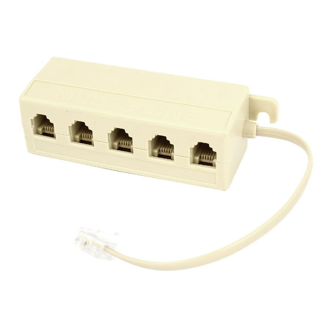 Unique Bargains Plastic RJ11 1 Male to 5 Female Telephone Line Splitter Connector in beige. The connector features one RJ11 male input and five RJ11 female outputs, designed for joining multiple telephones to a single phone line. Compact size of 10 x 3.5 x 3 cm and lightweight at 32g. Includes a short attached cable with an RJ11 male plug.