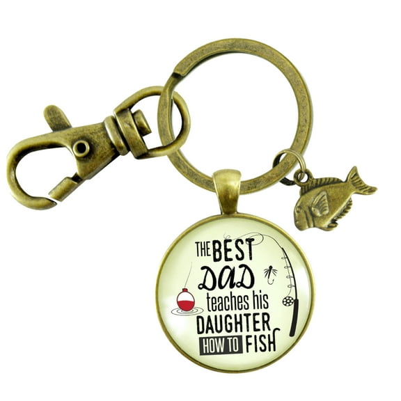 Fishing Dad Gutsy Goodness Bronze Metal Keychain Best Dad Teaches His Daughter How to Fish Adult Male Gift