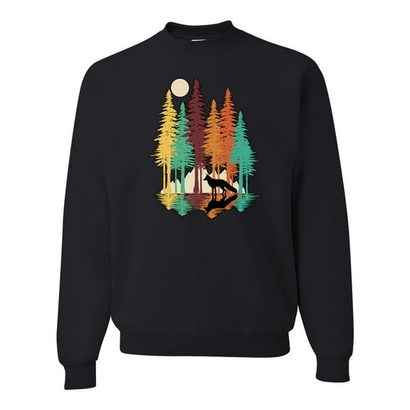 Trippy California Redwoods Forest Fox Silhouette | Mens Fashion Crewneck Graphic Sweatshirt, Black, Small