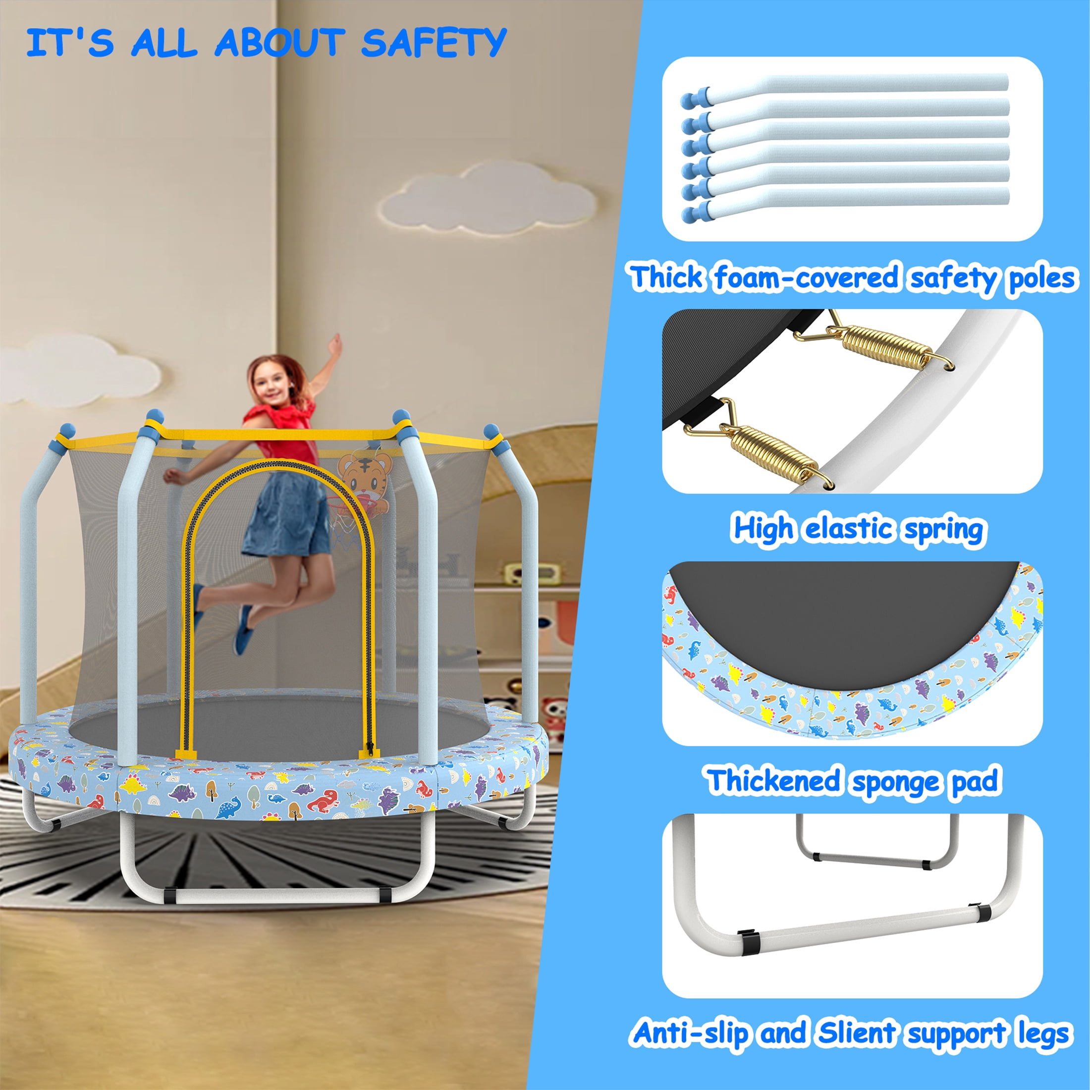 55" Toddler Trampoline with Enclosure Net, SHINPT Child's Mini Trampoline with Basketball Hoop, Round Recreational Tranpolines for Birthday Gifts, Kids Trampoline for Aged 3-6, Indoor & Outdoor