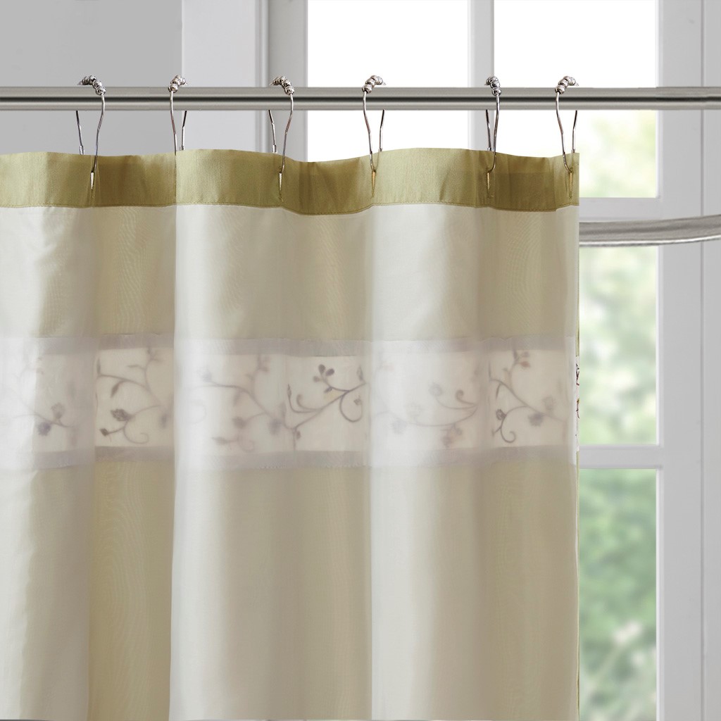 MAYEERTY Faux Silk Embroidered Floral Shower Curtain, Machine-Washable