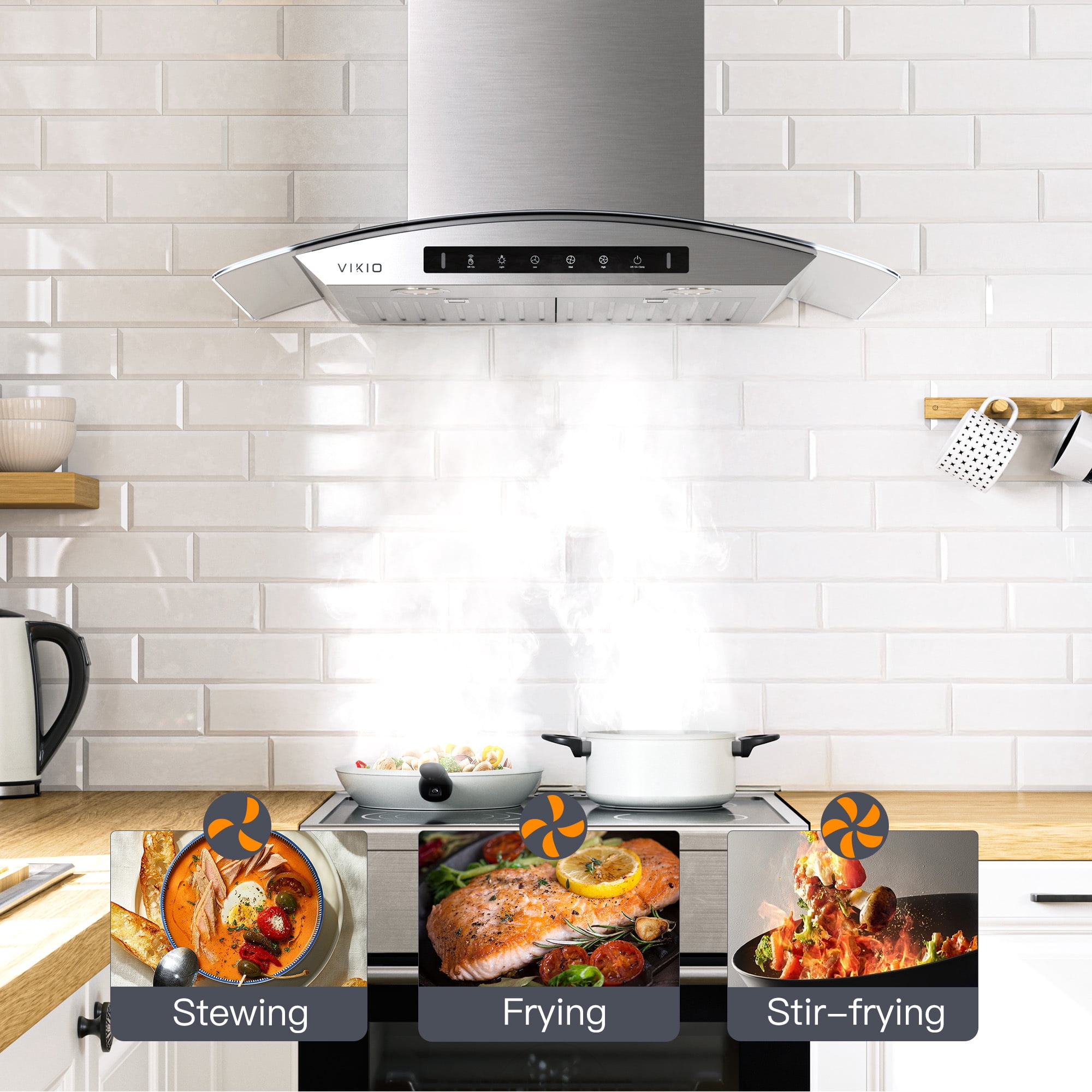 VIKIO 30 inch Wall Mount Range Hood, Stainless Steel and Glass, 800 CFM, 3-Speed, Ducted, Gesture Sensing Control&Touch Pad