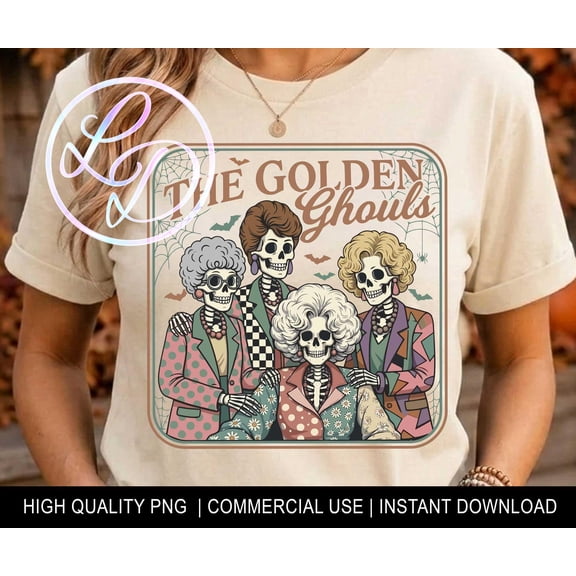 Golden Ghouls Halloween Shirt Four Skeleton Ladies in Retro Outfits Black Spooky Season Top Funny Ghoul T-shirt
