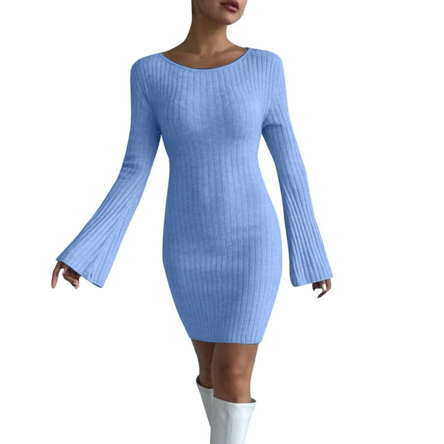Vestido sexy sin espalda de color liso para mujer: mangas acampanadas, tejido de poliéster, ajuste ceñido, ideal para fiestas y discotecas