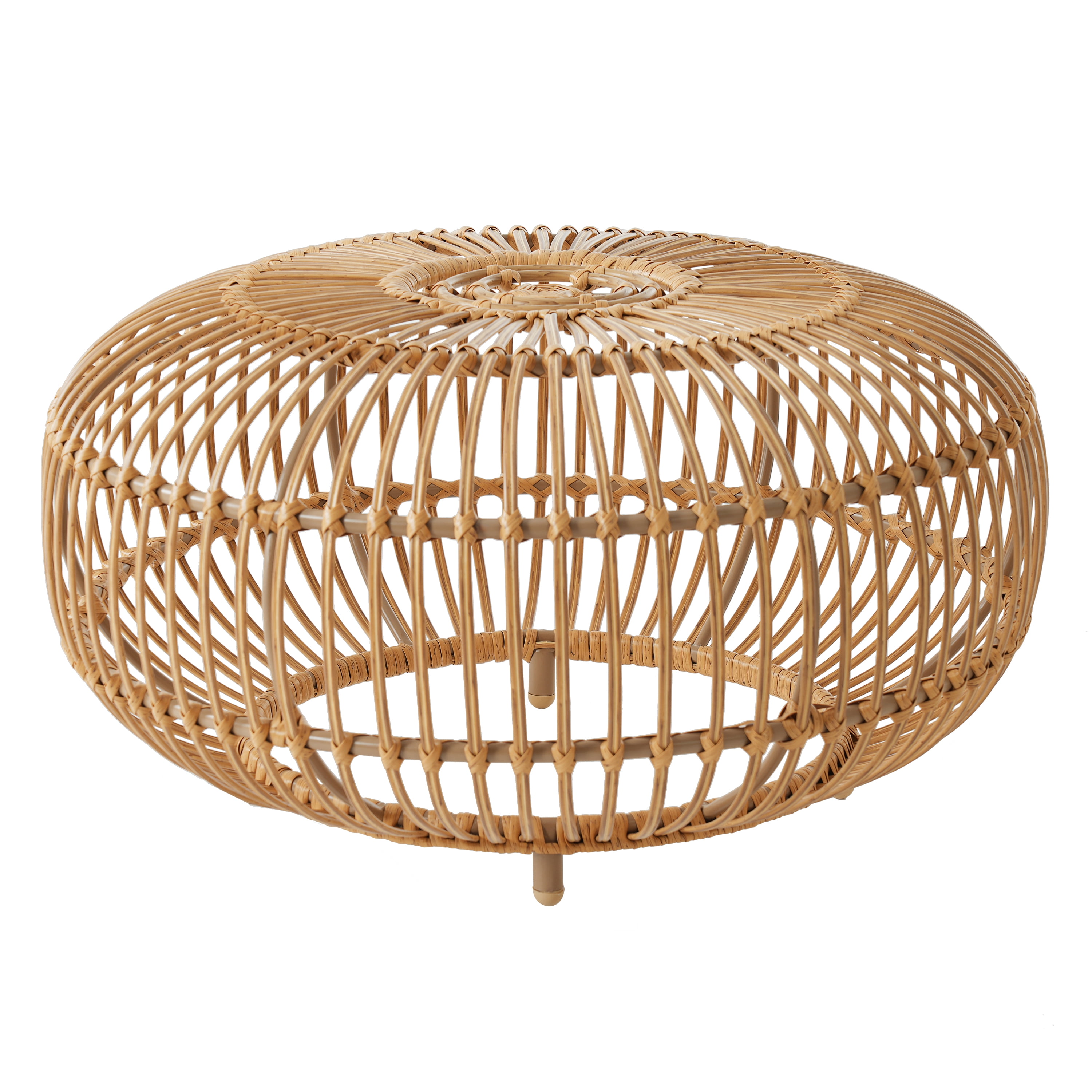Coffee Table Round, Outdoor Coffee Table, Wicker Coffee Table with Handcrafted Faux Rattan Weave, Boho Chic Accent Table for Living Room Patio Garden, Light Brown, 29.5 Inch