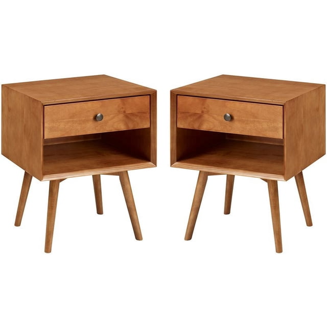 Walker Edison Table de Chevet en Bois de Pin Massif de Style Mid-Century 2 Pcs Caramel
