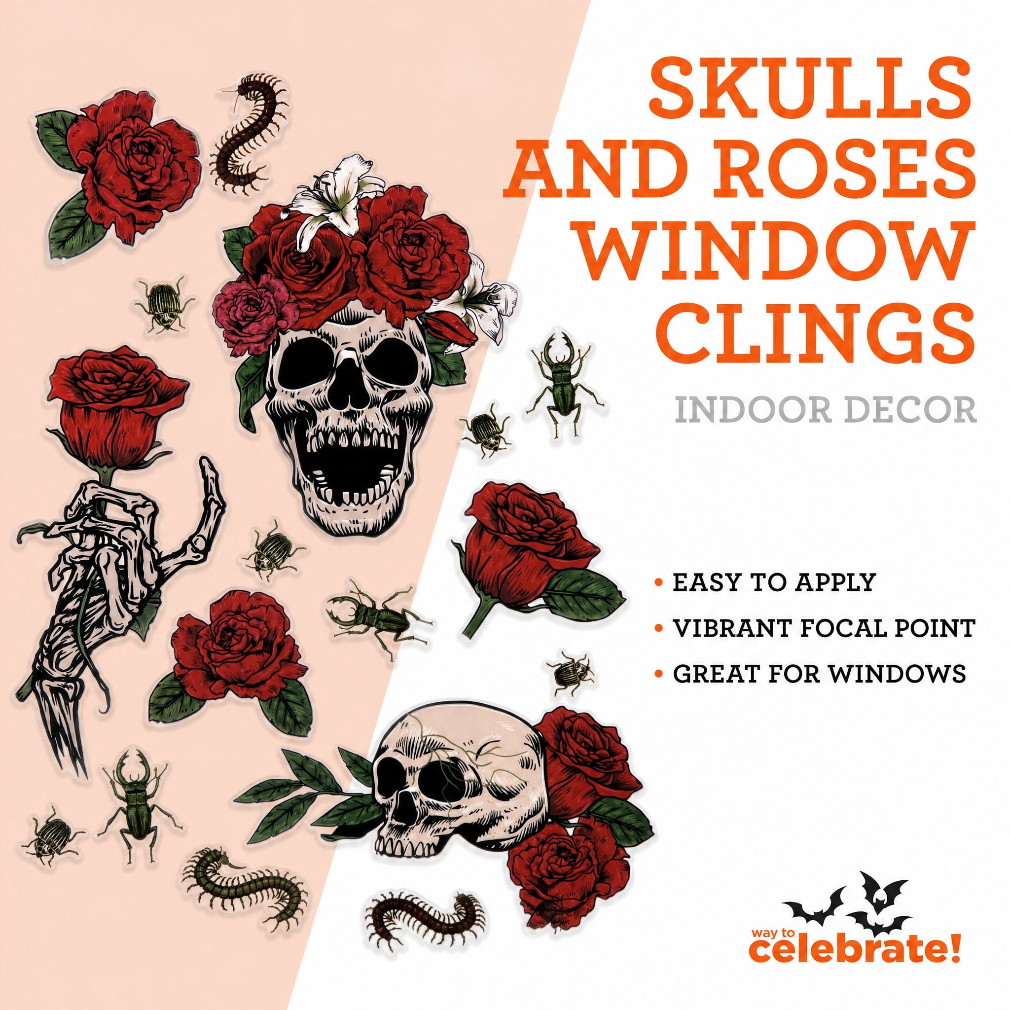 Skulls and Roses Window Clings, Multicolor, 11.75" x 17", Halloween by Way To Celebrate