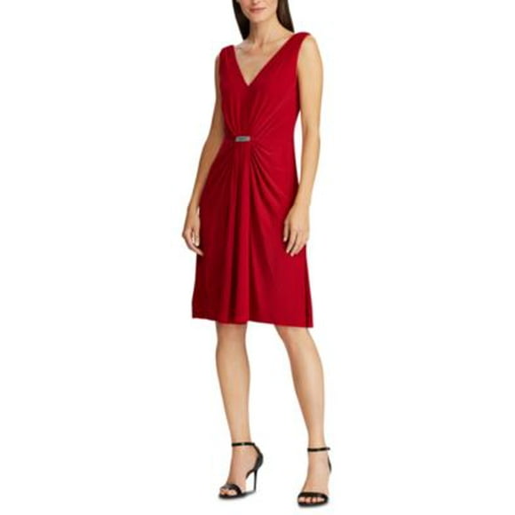Lauren Ralph Lauren Robes pour Femmes pour Occasions Spéciales Écarlate - Robe Rouge Écarlate à Accent Cristal, Froncée, Sans Manches, Ligne A - Femmes