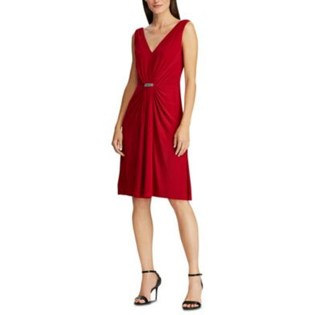 Lauren Ralph Lauren Robes pour Femmes pour Occasions Spéciales Écarlate - Robe Rouge Écarlate à Accent Cristal, Froncée, Sans Manches, Ligne A - Femmes