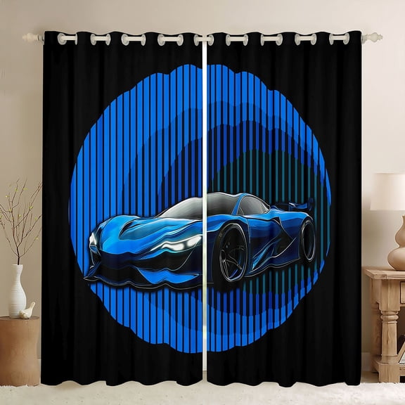 jejeloiu Race Car Blackout Curtains Set of 2 (52x84 Each),Speed Extreme Sport Window Curtains,Black Blue Curtains and Drapes For Boys,Ultra Soft Home Decor