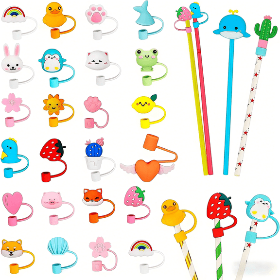 48-Pack Cute Silicone Straw Covers, Bulk Decorative Straw Toppers