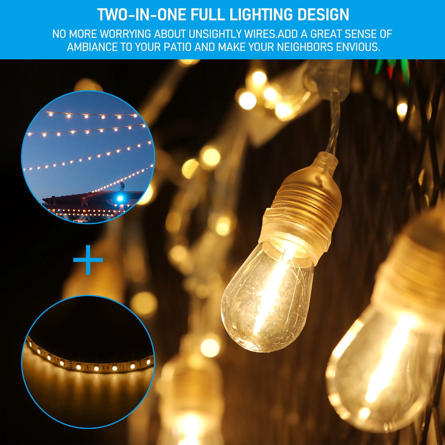 2 Pack 48" LED Outdoor String Lights, Commercial Grade 18AWG Copper Wire, 120V UL Listed Plug, Clear White Waterproof Hanging Light, 24 Bulbs Included 2700K Soft White